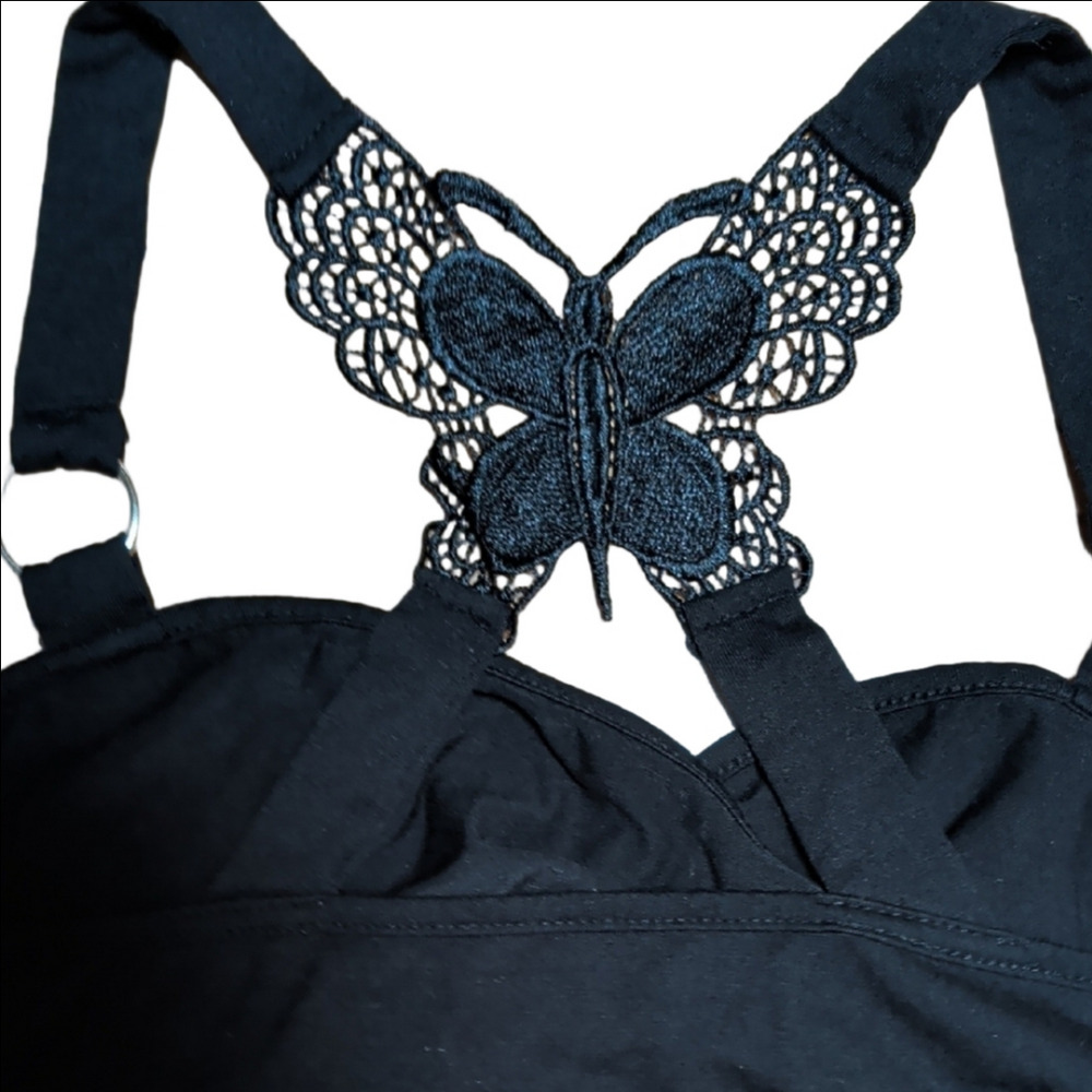 ​🌞BOGO🌞 Black Ruched Tank Top Butterfly Lace Racerback Size L - Picture 4 of 5